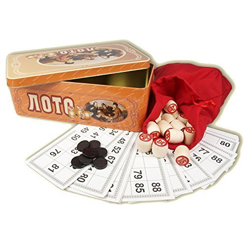 Russisches Lotto (Loto) Spielset im Metallkasten mit Holzfiguren Bingospiel Familienspiel Bingo