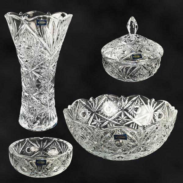 Geschenkset 4-teilig "Miranda"  Vase 30 cm, Schale 22cm, Aschenbecher 14,5 cm und Bonbonschale 15 cm