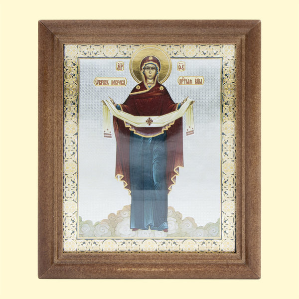 Ikone "Покров Пресвятой Богородицы", 13x15 cm, Holzumrahmung, Doppelprägung