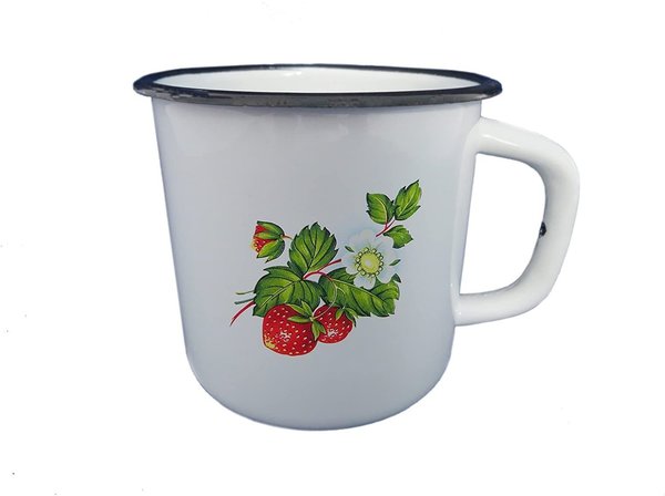 Emaille Tasse Becher 1 Liter ca 12 cm Durchmesser Erdbeeren
