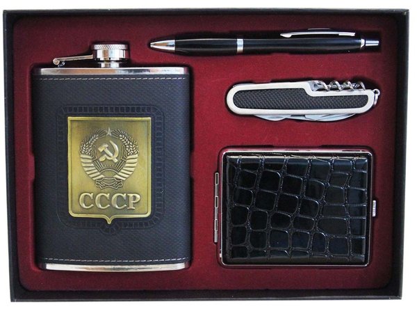 Flachmann Set Wappen der UdSSR 240ml. CCCP / Edelstahl mit Kugelschreiber, Etui und Feuerzeug
