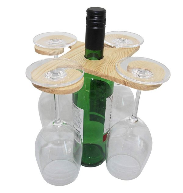 Weinflaschen und Gläserhalter aus Holz für 4 Gläser - Wein-Buttler Wine-Caddy Wein-Glas-Aufhänger
