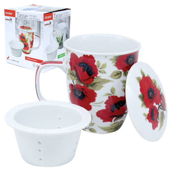 Tasse mit Deckel und Sieb "Mohnblumen", 0,4 L