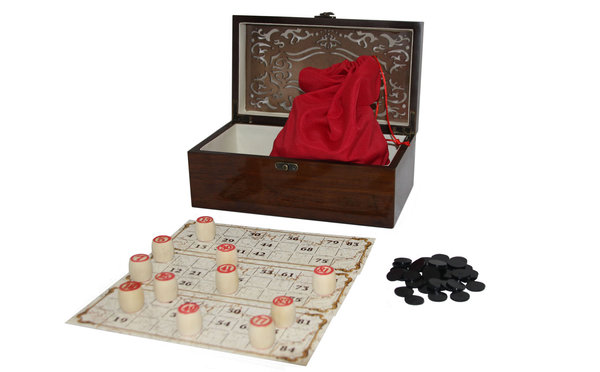 Russisches Lotto (Loto) / Spielset im Holzkasten in Hochglanz mit Holzfiguren / Bingospiel