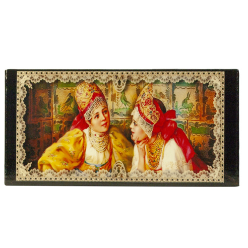 Schatulle "Русские красавицы", einfaches Mustem am Rand, ca. 17x8x3,5 cm