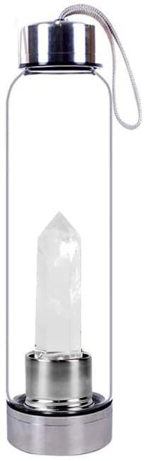 ZENZARA Edelstein 500 ml Trinkflasche aus Edelstahl und Glas, zur Belebung von Wasser (Bergkristall)