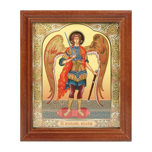 Ikone "Archangel Michail" Holzumrahmung, Doppelprägung, unter Glas, 13 x 15 cm